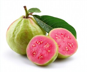 Whole Guava with Dewy Leaves on White Background, Halved to Reveal Pink Flesh and Seeds, Studio Lighting for Vitamin Drinks, Tropical Health Food or Cosmetic Ingredient Ads