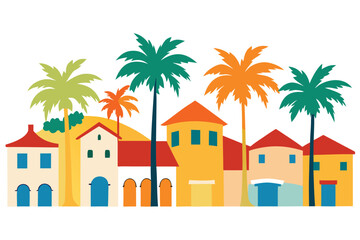 Colorful Cartoon Mediterranean Village Illustration Featuring Palm Trees and Charming Architecture on White Background