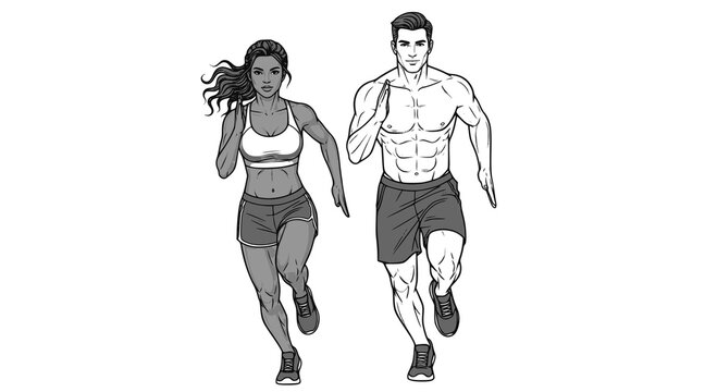 Running man and woman, monochrome vector illustration. Drawing of athletic looking male and female runners running. Transparent PNG version.