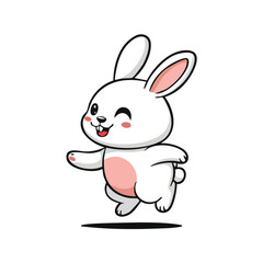 Obraz premium Cartoon illustration of a happy white bunny rabbit winking and running with a joyful expression.