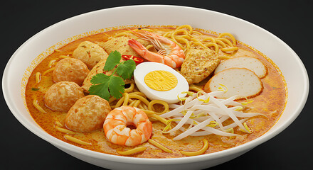 A vibrant bowl of laksa noodle soup with shrimp, egg, fish cakes, and meatballs, ready to be eaten.