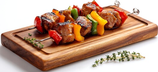 Grilled Meat and Bell Pepper Skewers with Thyme Garnish on Wooden Board barbecue