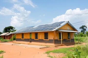 Fototapeta premium Solar-powered house in rural area with clear blue sky and greenery surrounding the structure