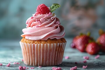 A cupcake with pink frosting and a fresh raspberry on top