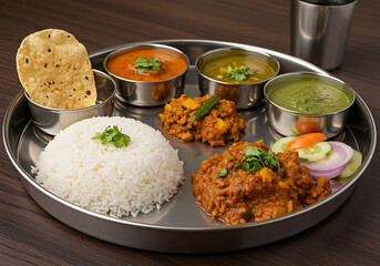 A stainless steel thali platter featuring a variety of Indian dishes including rice, curries, vegetables, bread, and condiments.