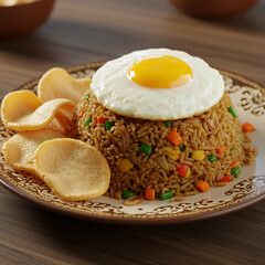 A plate of flavorful Nasi Goreng, a popular Indonesian fried rice dish, topped with a fried egg and served with prawn crackers.
