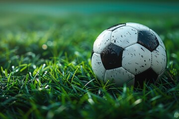 Fototapeta premium A soccer ball resting on a vibrant green grass surface field