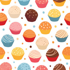 A vibrant and colorful seamless pattern featuring various cupcakes with different toppings and designs.