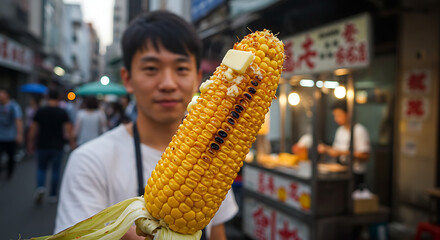 A young Asian man proudly presents a grilled corn cob with butter, smiling at the camera.