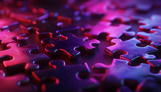 Abstract background of colorful, shiny jigsaw puzzle pieces glowing in dramatic purple and red neon light, symbolizing complexity, strategy, and finding solutions.