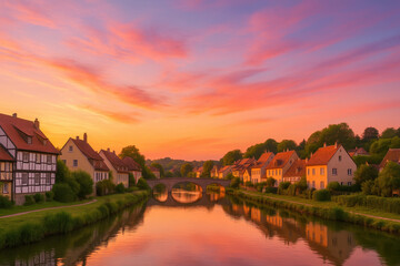 Sunset sky over river with charming houses and stone bridge reflecting in water
