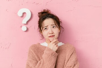Pensive young woman in cozy sweater pondering against a pink wall with question mark.