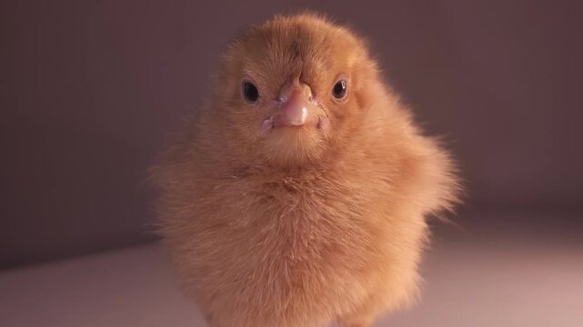 Newborn Little new born yellow chicken standing on a Reflective Surface against studio Background. looking around and screaming
