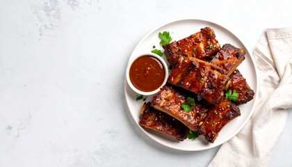 Delicious glazed ribs with a side of dipping sauce, perfect for a backyard barbecue, Ready-to-eat ribs and dipping sauce arranged on a white plate with decorative parsley
