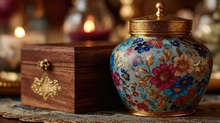 Ornate floral jar and wooden box, candlelight backdrop