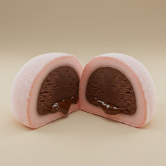 A pink mochi dessert cut in half, revealing a rich chocolate filling with a small drip on a light beige background.