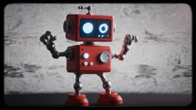 A charming, retro-style red robot with a screen for a face, standing with its arms raised in a welcoming or expressive pose against a textured background.