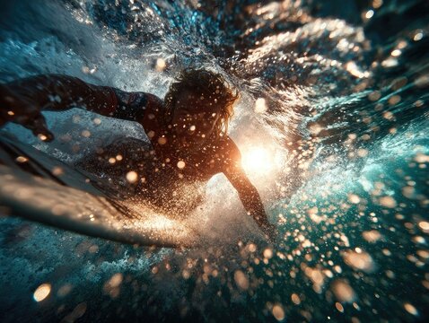 Underwater view of surfer paddling through sunlit ocean waves with water splashes