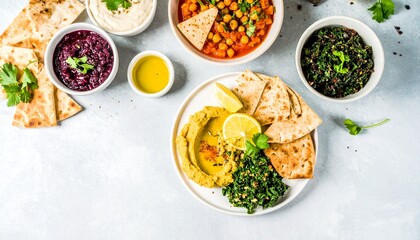 Middle Eastern Feast: A Colorful Spread of Dips, Breads, and Fresh Herbs, Vibrant Vegetarian Platter: Hummus, Pita, and Other Delights on a Bright Background