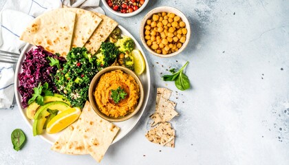 Colorful Plant-Based Sharing Platter with Pita Bread and Red Lentil Dip, Nutritious Plant-Based Feast: Sharing Platter with Healthy Vegan-Friendly Ingredients