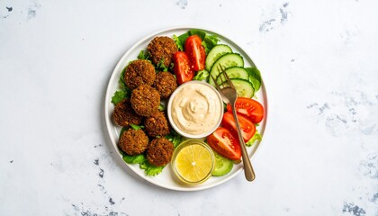 Top View of a Plate with Falafel, Veggies, Dip, and Lemon,Falafel Plate with Salad, Tomatoes, Cucumbers, Sauce, Lemon, and a Bronze Fork