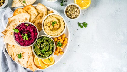 Colorful Mediterranean Mezze Platter with Hummus and Flatbread, Vegetarian appetizer platter with pita bread, dips, spreads, and toppings: a delightful culinary experience