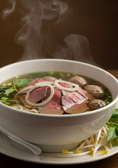 A steaming bowl of beef pho, showcasing tender sliced beef, meatballs, and noodles in a flavorful broth.