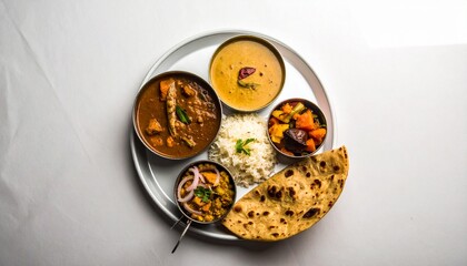 Colorful Indian Thali Featuring Curry, Lentils, Vegetables, Rice, and Chapati, Traditional Indian Meal on a Plate with Assorted Dishes