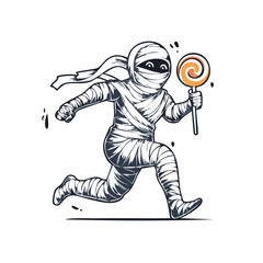 Fototapeta premium Cartoon illustration of a running mummy holding a lollipop, perfect for Halloween.