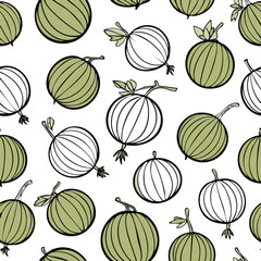 Seamless pattern of green gooseberries with stems and leaves, on a white background.