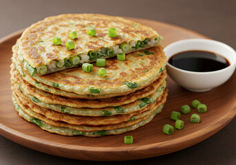Stack of savory scallion pancakes with a dipping sauce, ready to eat.