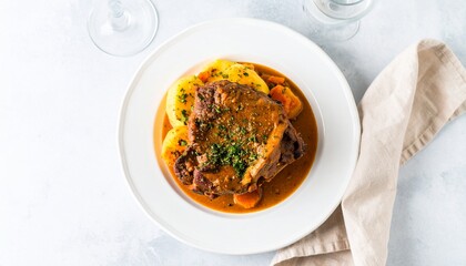 Hearty Slow-Cooked Beef Stew with Potatoes and Carrots, Comfort Food Dish with Braised Meat and Vegetables in Gravy