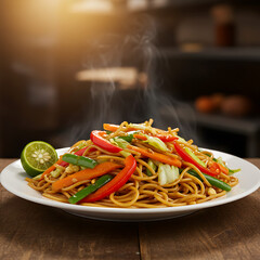 Steaming plate of stir-fried noodles with colorful vegetables like carrots, peppers, and green beans, garnished with a lime wedge.