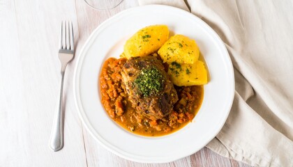 Osso buco with polenta on a white plate, ready to eat at a restaurant,Italian dinner with braised veal shanks and yellow polenta, classic cuisine