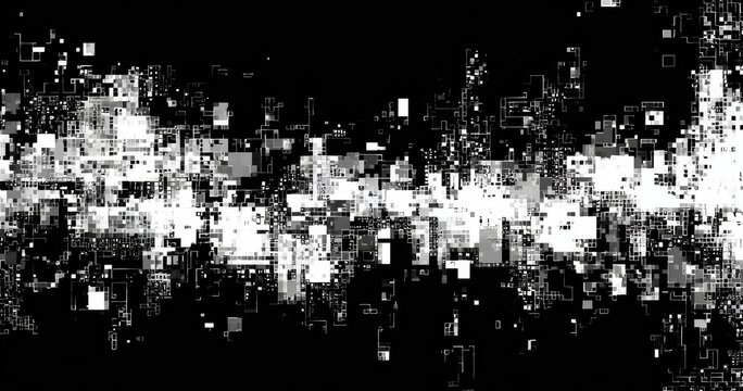 Abstract digital glitch art; a grayscale image of fragmented, pixelated shapes and forms, flowing and merging into each other - Powered by Adobe