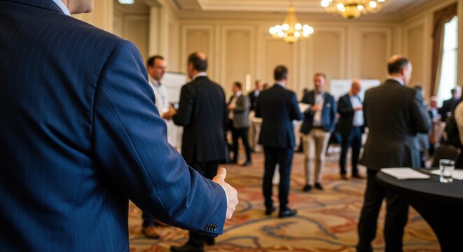 Corporate networking event with professionals in business attire exchanging ideas formally