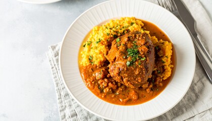 Osso Buco with Saffron Risotto on a Plate, Perfect Combination of Saffron Risotto and Braised Osso Buco Dinner at Restaurant