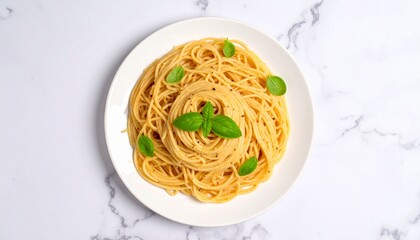 Spaghetti with Basil on White Plate, A Simple and Appetizing Pasta Dish Topped with Fresh Herbs