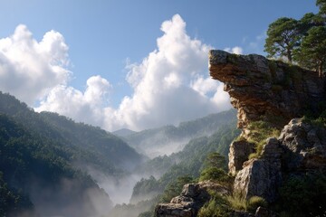 Rocky outcrop overlooks misty valley