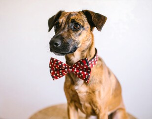 Dog wearing bowtie,  brown/red markings