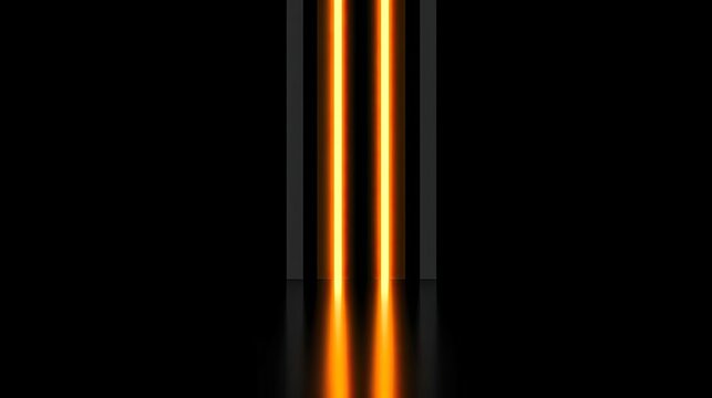 Two bright orange beams, like laser lights, emerge from a dark space, flanked by vertical dark gray panels