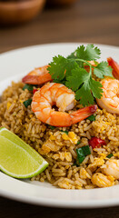 Delicious shrimp fried rice garnished with cilantro and lime.