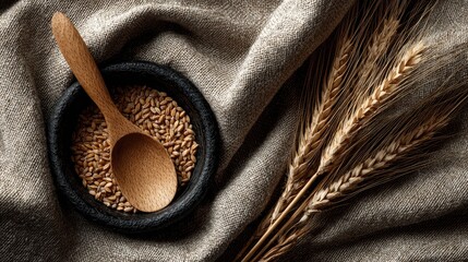 Wheat grains in a dark bowl, wooden spoon, and wheat stalks on a textured cloth