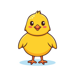 A cute cartoon illustration of a yellow chick with a smiling face and small orange feet.