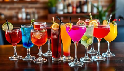 Assorted colorful cocktails in glasses on a wooden table,  beverages,  scotch