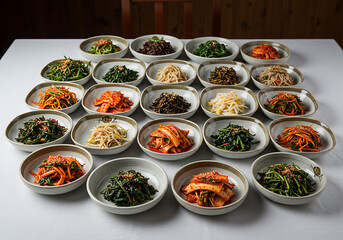 An array of small, round, white bowls filled with various Korean side dishes (banchan) arranged on a white tablecloth, showcasing diverse colors and textures.
