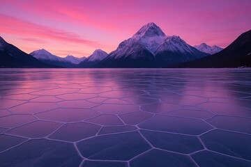 Majestic Mountain Peaks Reflecting in Frozen Lake at Sunset
