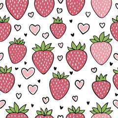 A repeating pattern featuring strawberries and hearts on a white background, creating a cheerful design.