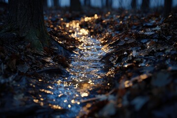 Obraz premium A shallow stream in a dark forest, illuminated by light