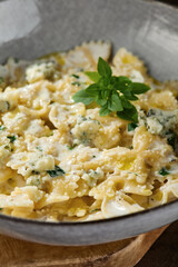 Farfalle quattro formaggi pasta in bright rustic lighting, closeup composition